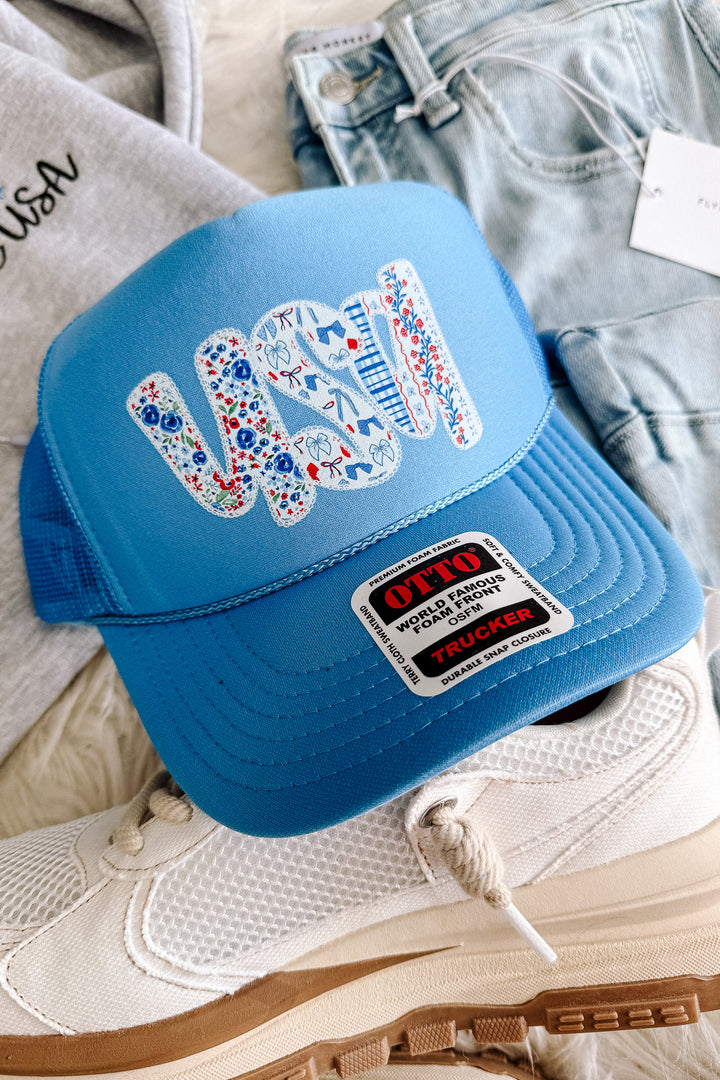 USA Floral Lace Trucker Hat - Soft Blue