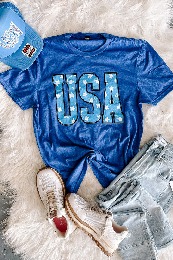 USA Stars Graphic Tee - Royal Frost
