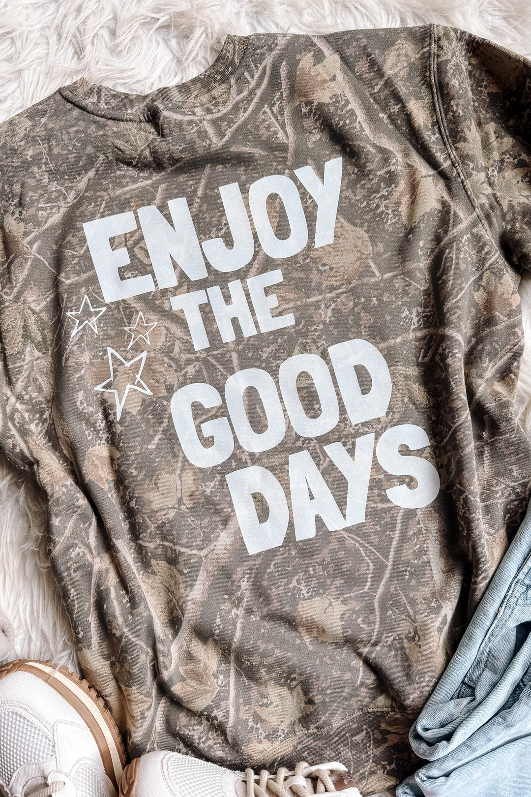 Enjoy The Good Days Front & Back Camo Crewneck - Deadwood
