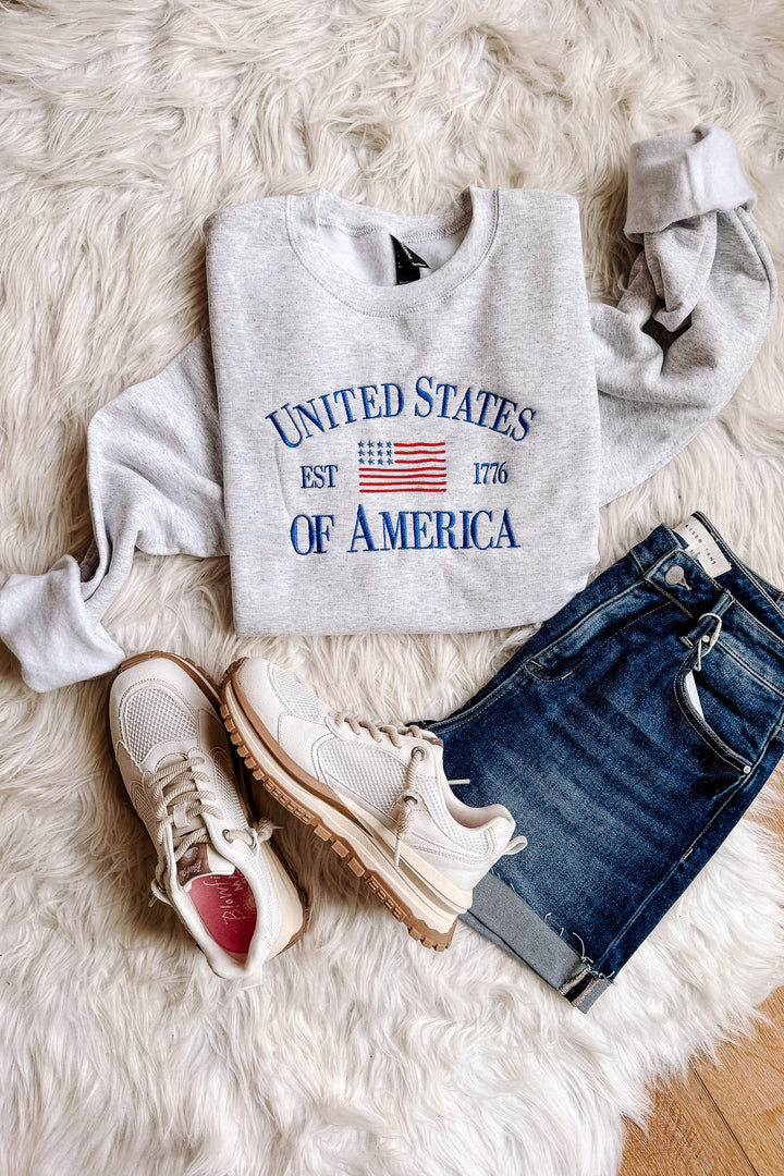 United States of America Embroidered Crewneck Sweatshirt - Ash Grey