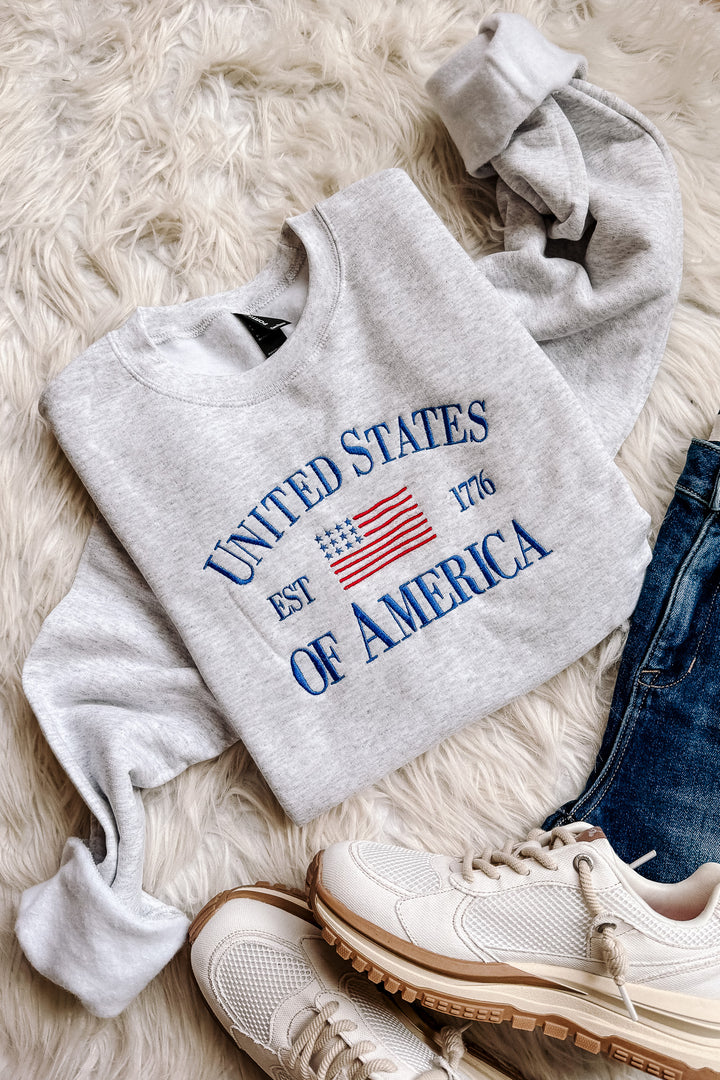 United States of America Embroidered Crewneck Sweatshirt - Ash Grey