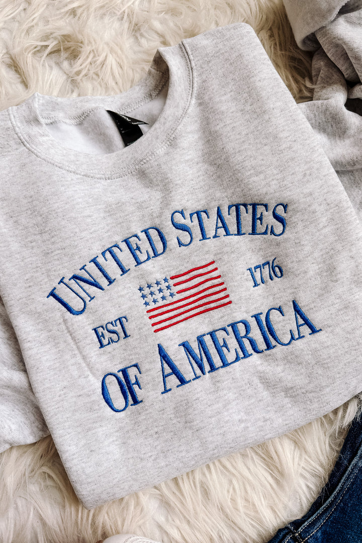 United States of America Embroidered Crewneck Sweatshirt - Ash Grey