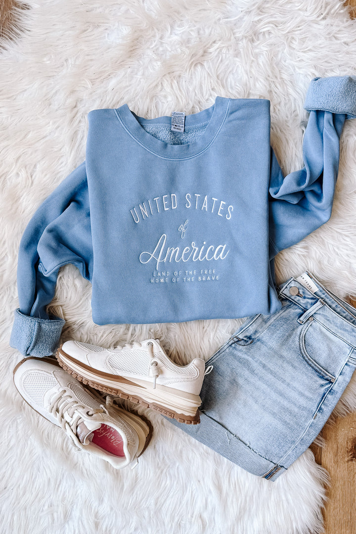 Let Freedom Ring Embroidered Sweatshirt - Light Blue