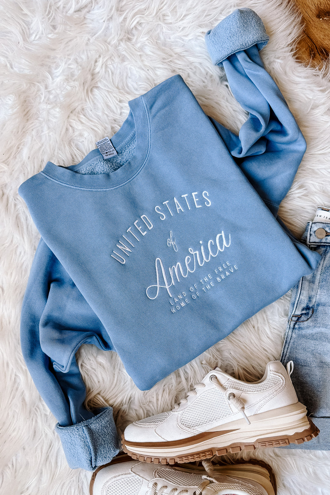 Let Freedom Ring Embroidered Sweatshirt - Light Blue