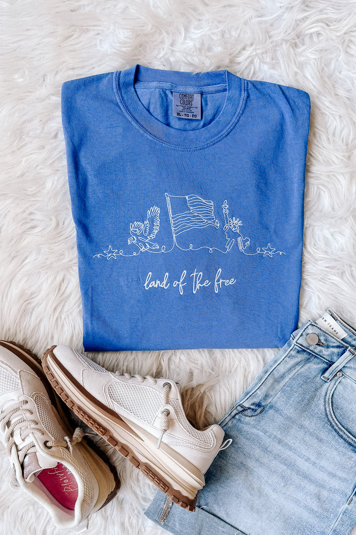 Lady Liberty Embroidered Tee - Flo Blue