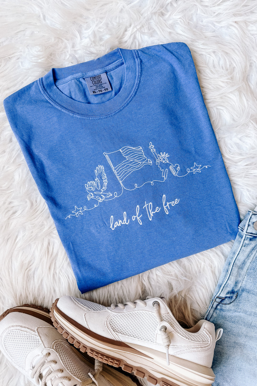 Lady Liberty Embroidered Tee - Flo Blue