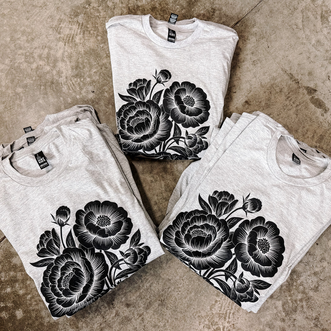 Linocut Flower Graphic Tee - Light Heather Grey