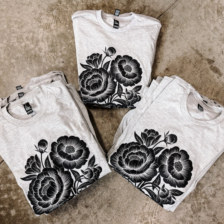 Linocut Flower Graphic Tee - Light Heather Grey