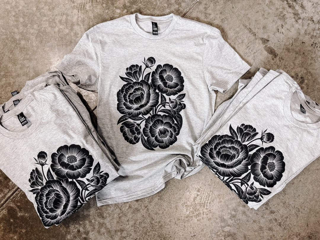 Linocut Flower Graphic Tee - Light Heather Grey