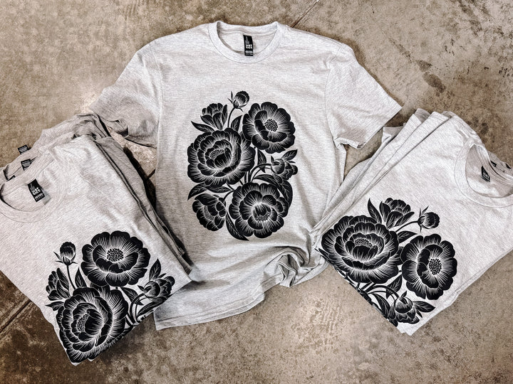 Linocut Flower Graphic Tee - Light Heather Grey