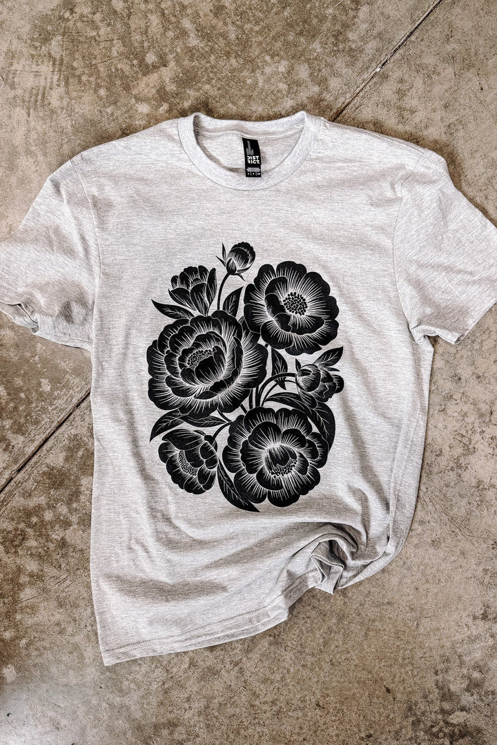 Linocut Flower Graphic Tee - Light Heather Grey