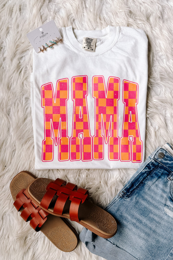 MAMA Pink & Orange Checkered Graphic Tee - White