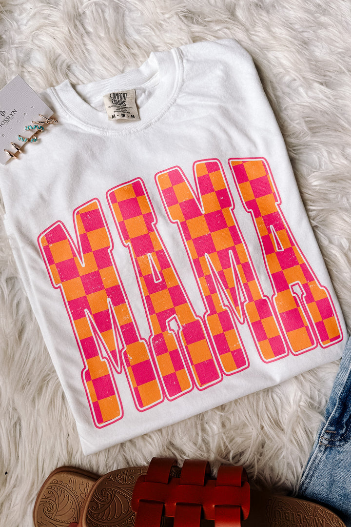 MAMA Pink & Orange Checkered Graphic Tee - White