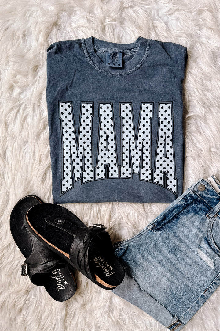 Black & White Polka Dots MAMA Graphic Tee - Denim