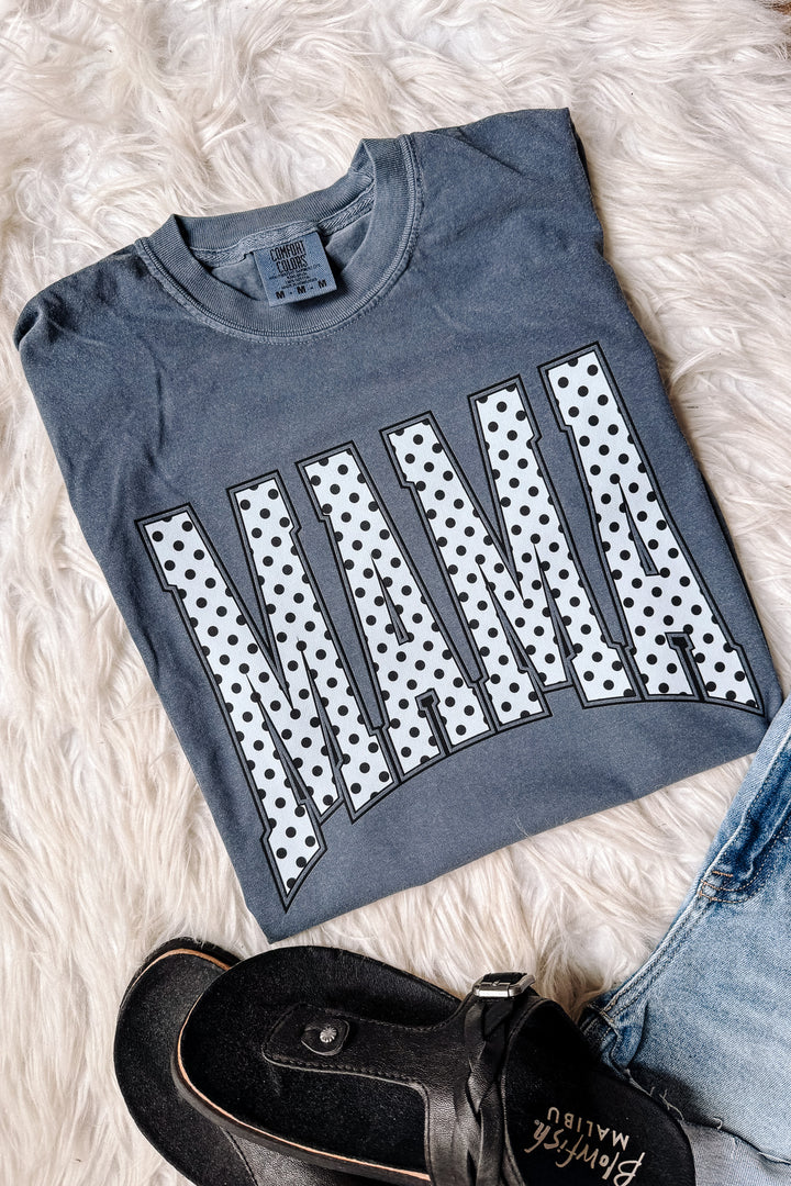 Black & White Polka Dots MAMA Graphic Tee - Denim
