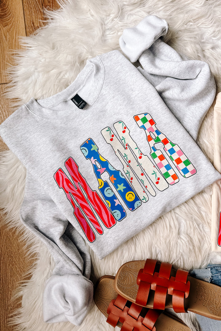 Retro Cherry Checkered MAMA Crewneck Sweatshirt - Ash Grey