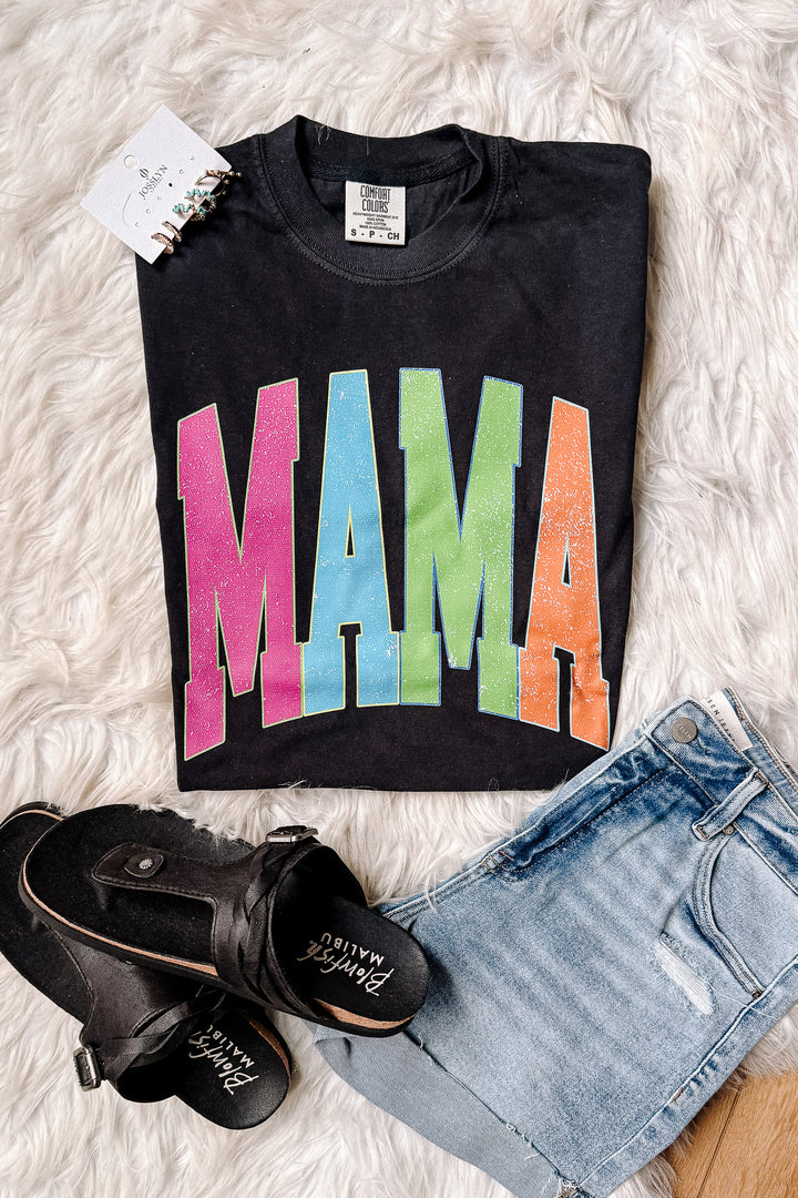 Neon Block Letter MAMA Graphic Tee - Black