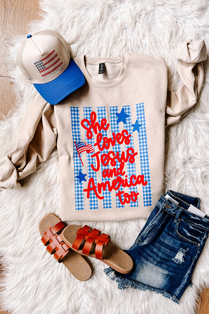 Gingham She Loves Jesus Crewneck Sweatshirt - Sand