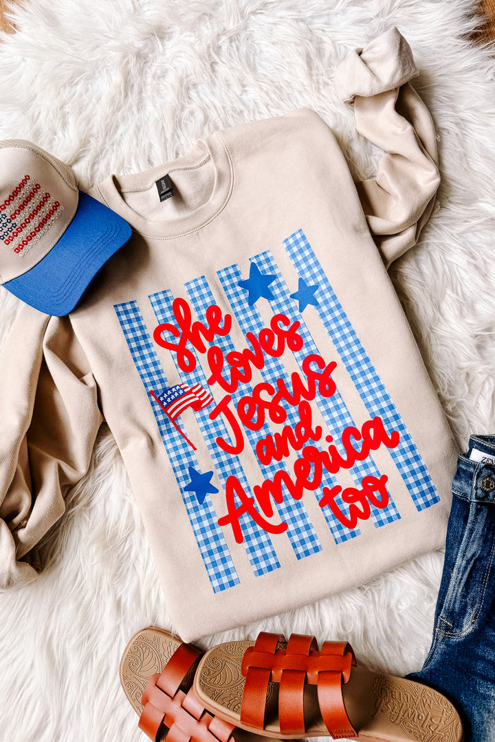 Gingham She Loves Jesus Crewneck Sweatshirt - Sand