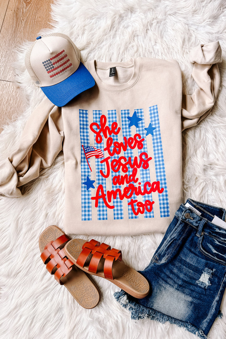 Gingham She Loves Jesus Crewneck Sweatshirt - Sand