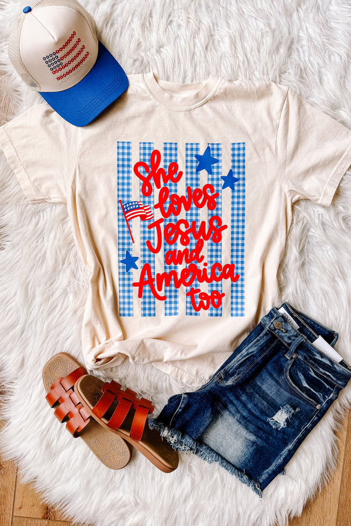 Gingham She Loves Jesus Graphic Tee - Ivory