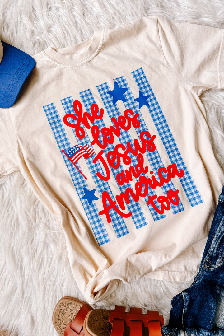 Gingham She Loves Jesus Graphic Tee - Ivory