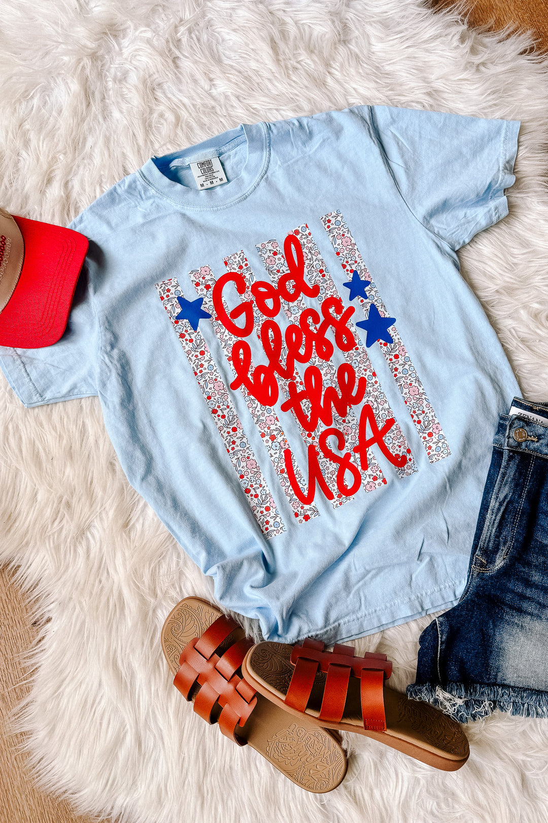Floral Stripes God Bless the USA Graphic Tee - Hydrangea