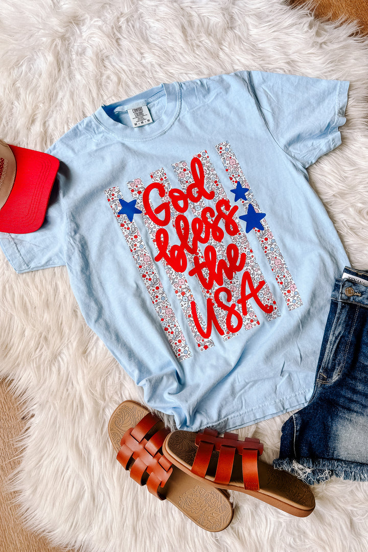 Floral Stripes God Bless the USA Graphic Tee - Hydrangea