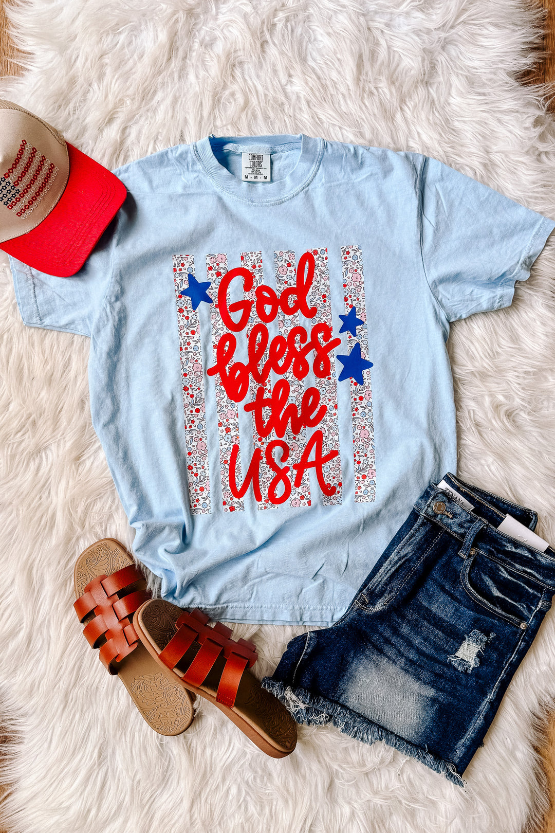 Floral Stripes God Bless the USA Graphic Tee - Hydrangea