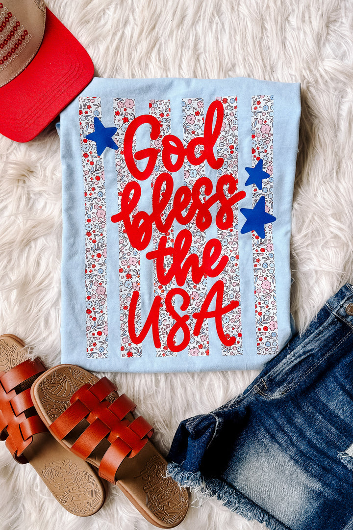 Floral Stripes God Bless the USA Graphic Tee - Hydrangea
