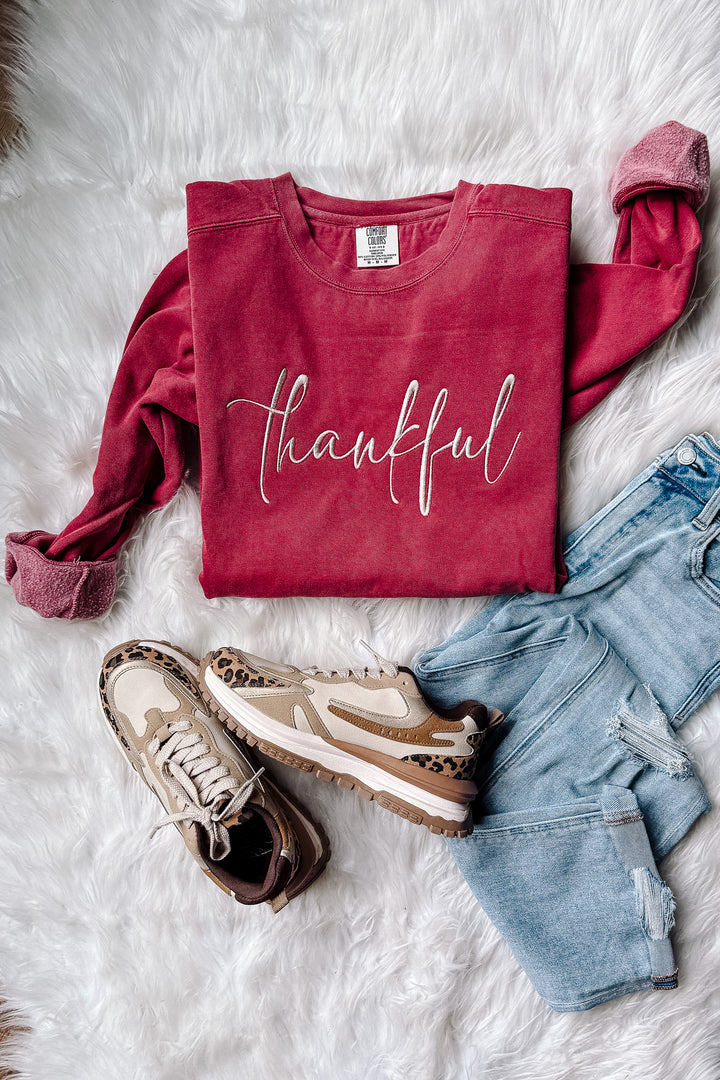 Thankful Embroidered Crewneck Sweatshirt - Crimson