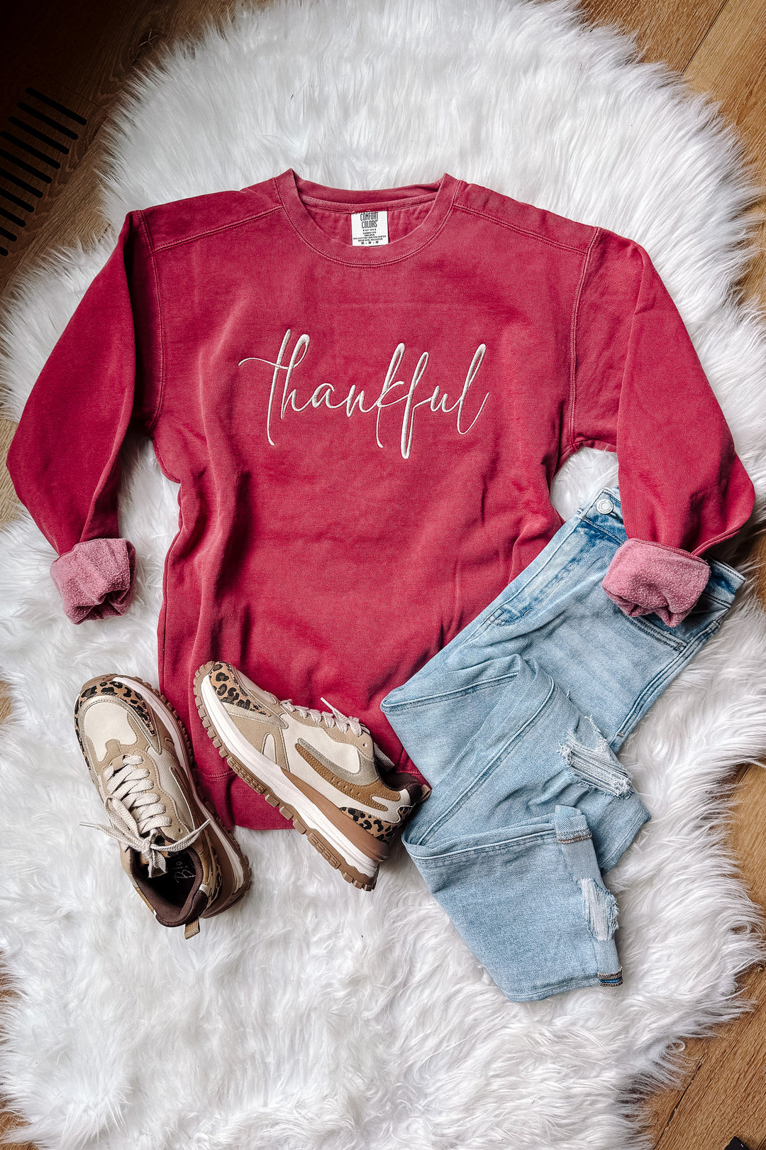 Thankful Embroidered Crewneck Sweatshirt - Crimson