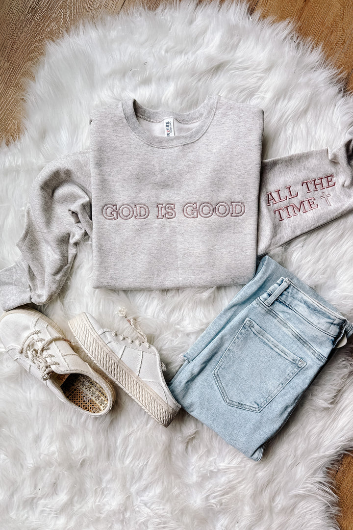 God Is Good Embroidered Crewneck Sweatshirt - Oatmeal Heather