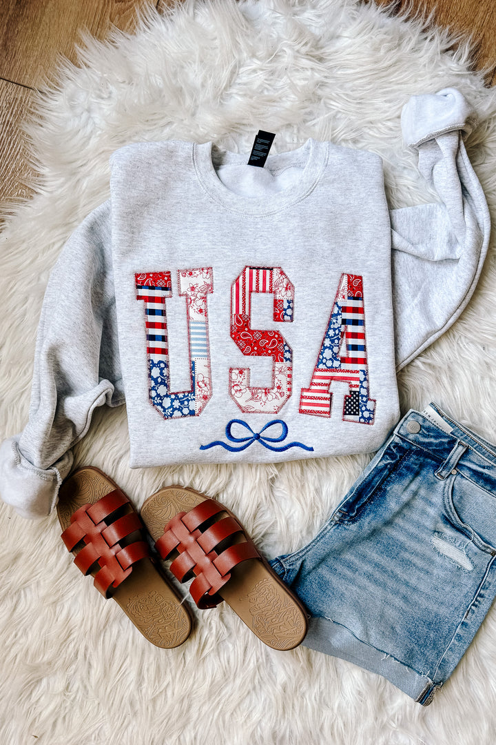 Stars, Stripes, & Stitches Crewneck Sweatshirt - Ash Grey