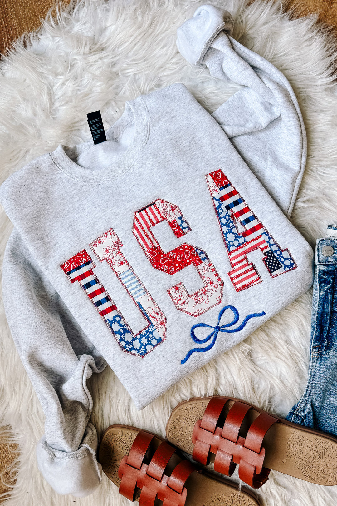 Stars, Stripes, & Stitches Crewneck Sweatshirt - Ash Grey