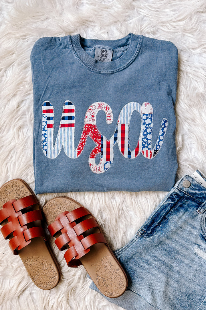 All American Patchwork Graphic Tee - Blue Jean
