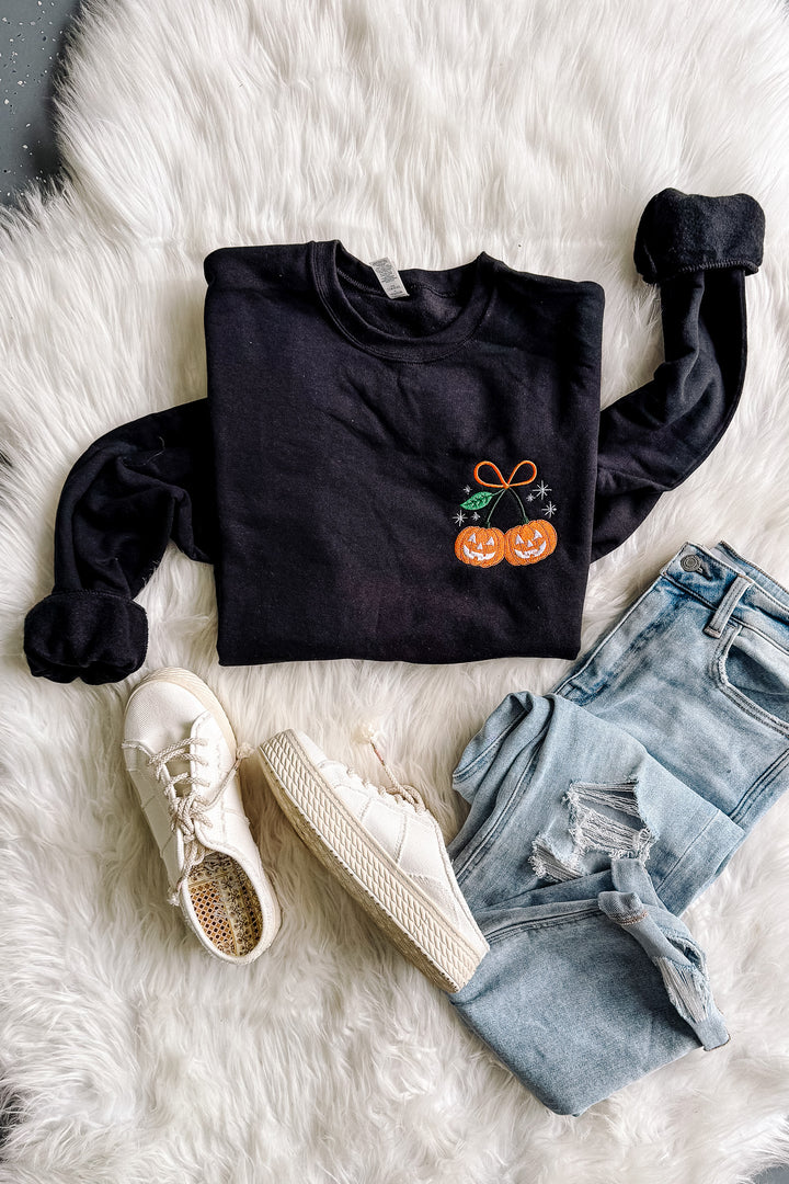 Pumpkin Cherries Embroidered Sweatshirt - Black