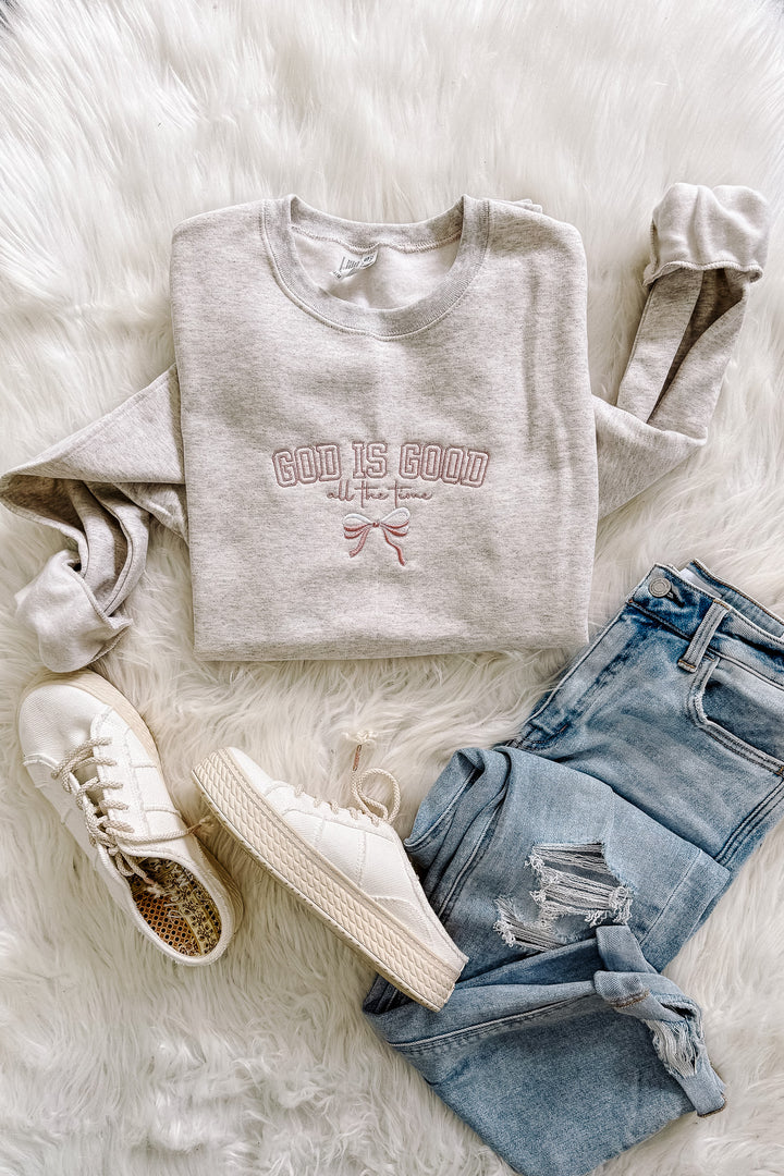 Bow God Is Good Embroidered Shirt - Oatmeal Heather