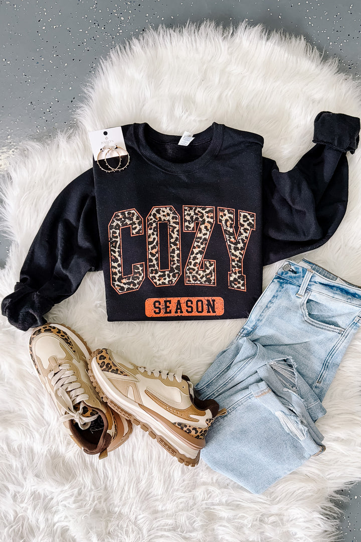 Leopard Cozy Season Graphic Sweatshirt - Black