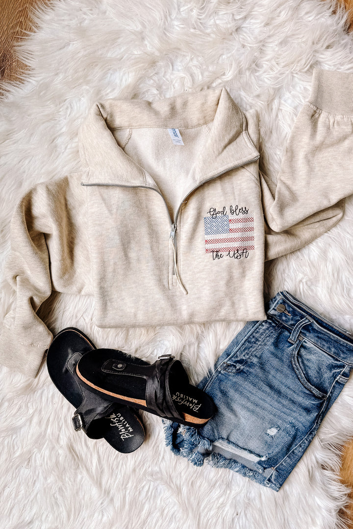 Cross Stitch USA Embroidered Half Zip - Oatmeal Heather