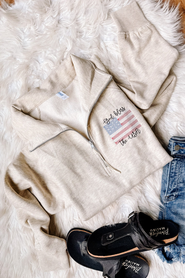 Cross Stitch USA Embroidered Half Zip - Oatmeal Heather