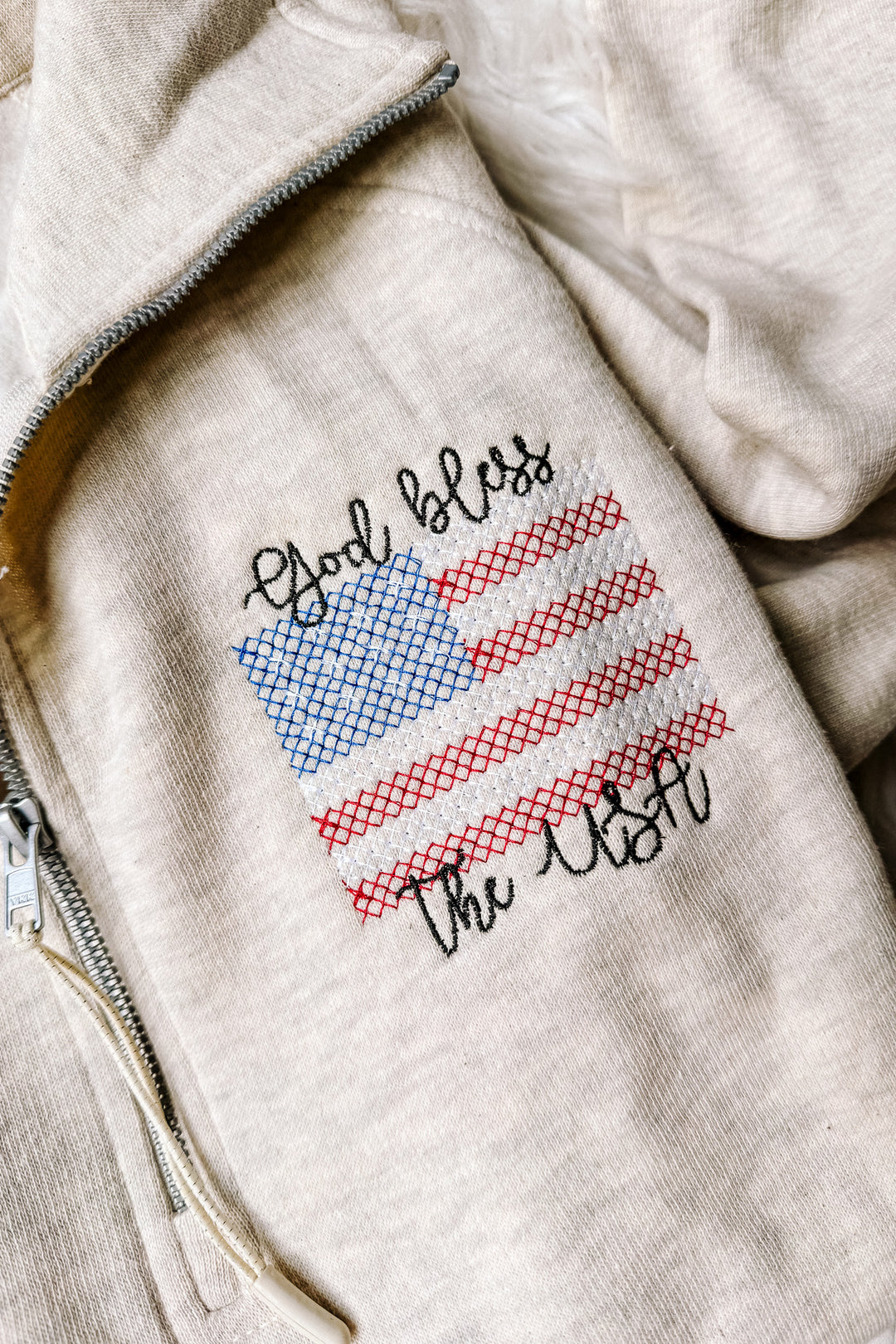 Cross Stitch USA Embroidered Half Zip - Oatmeal Heather