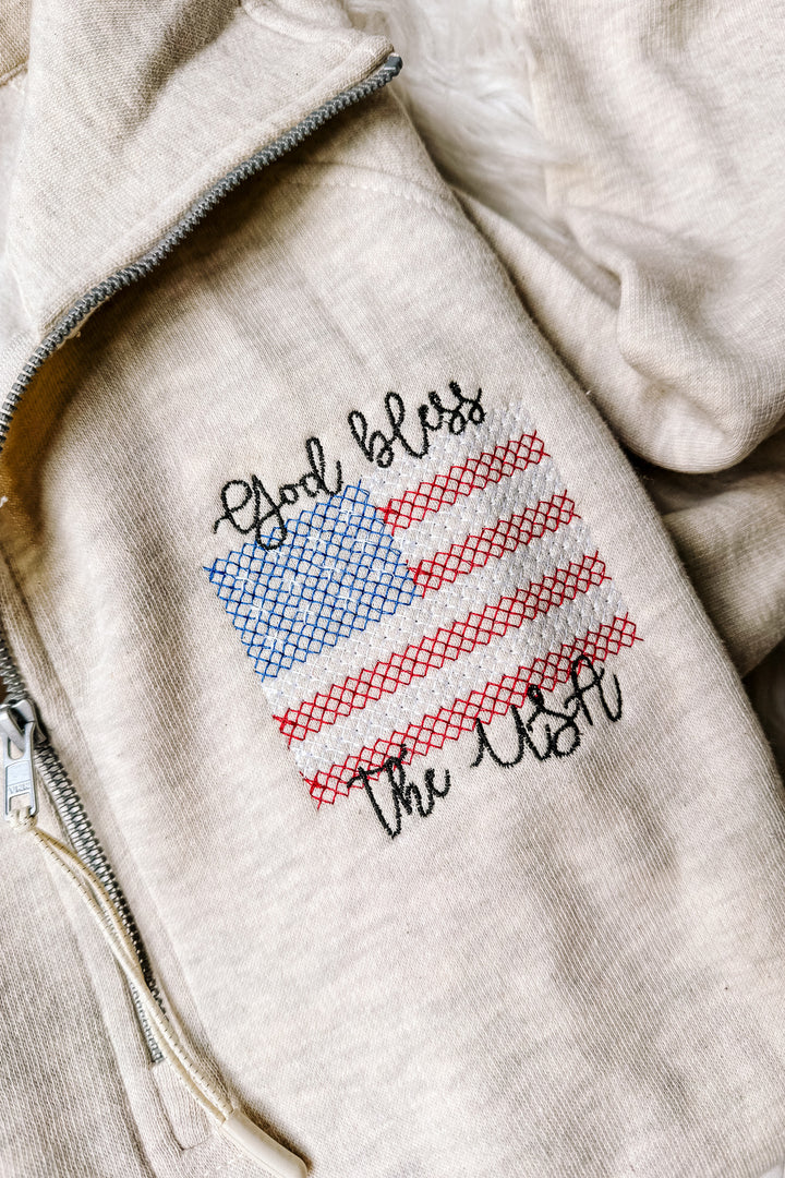 Cross Stitch USA Embroidered Half Zip - Oatmeal Heather