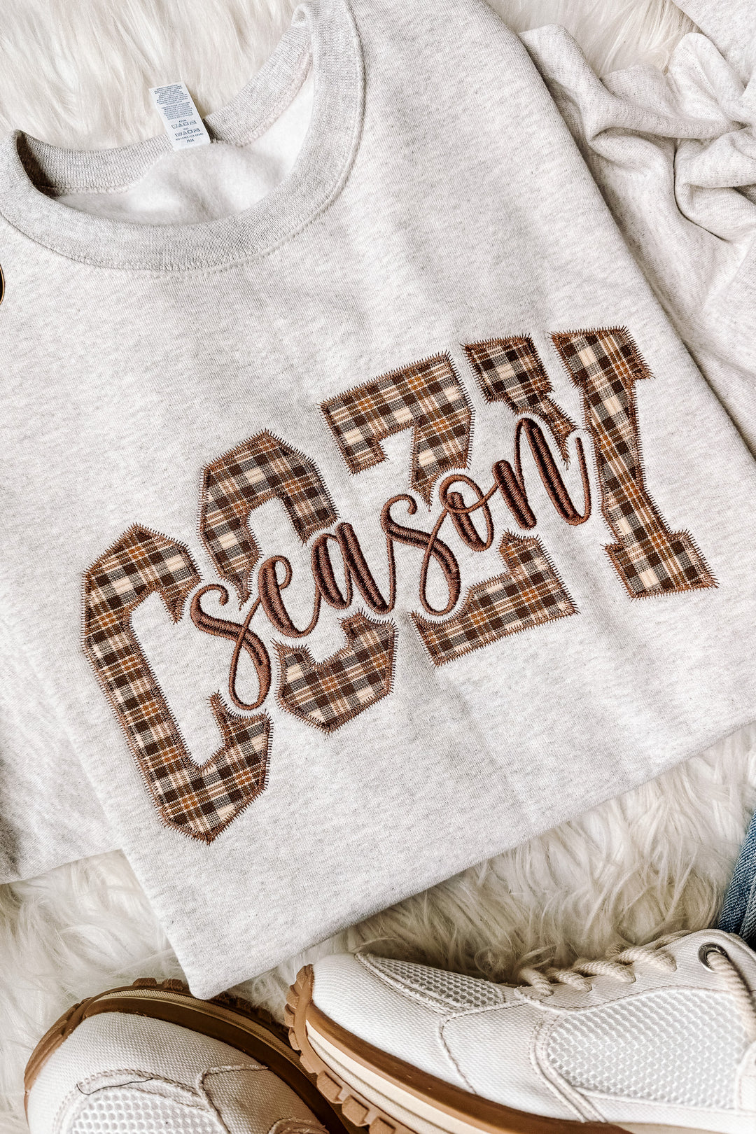 Cozy Season Appliqué Plaid Embroidered Sweatshirt - Oatmeal Heather
