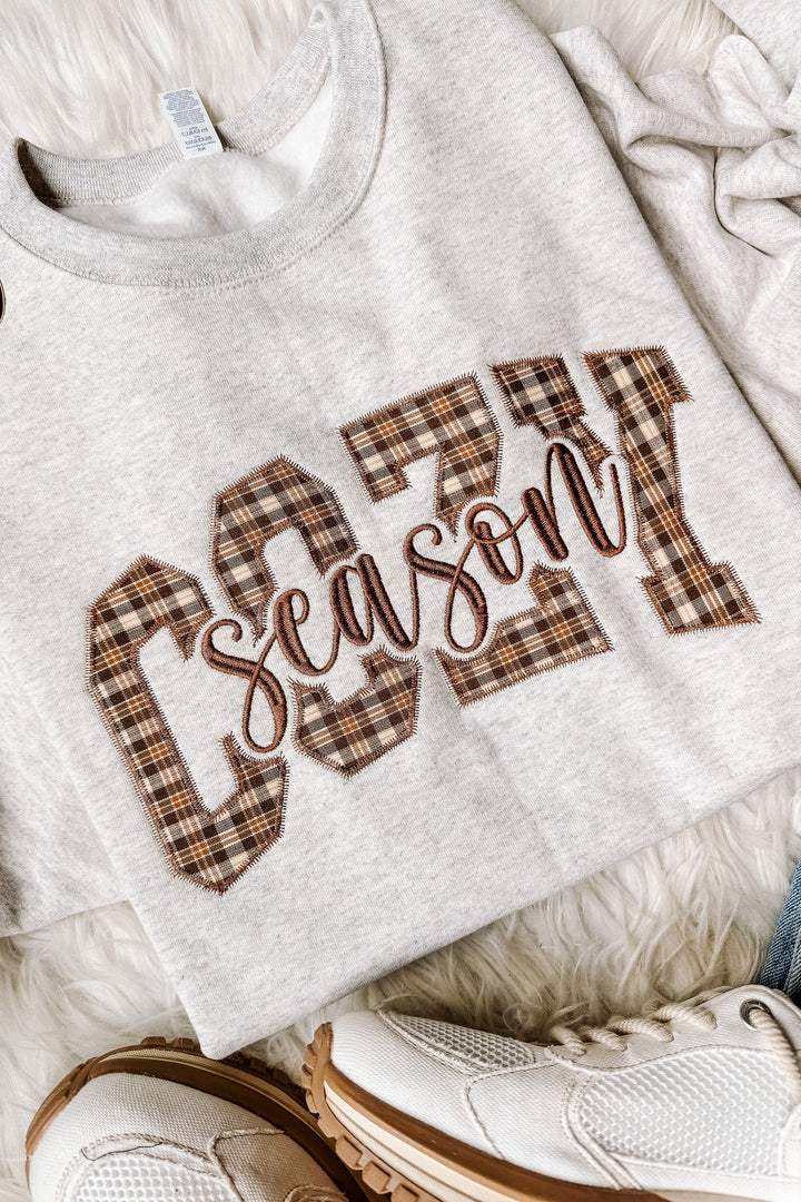 Cozy Season Appliqué Plaid Embroidered Sweatshirt - Oatmeal Heather