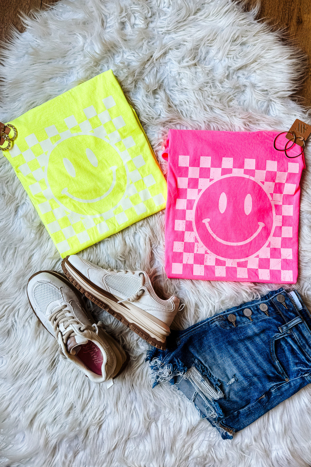 Distressed Checkered Happy Face Graphic Tee - Multiple Colors