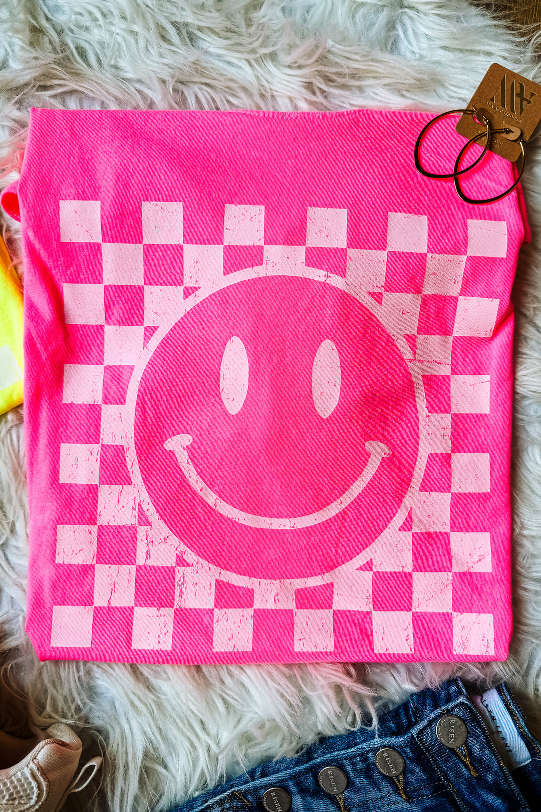 Distressed Checkered Happy Face Graphic Tee - Multiple Colors