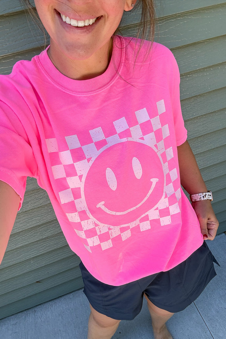 Distressed Checkered Happy Face Graphic Tee - Multiple Colors