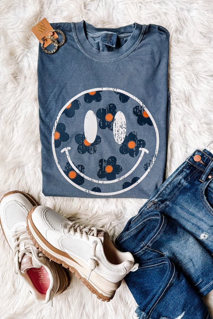 Retro Flower Happy Face Graphic Tee - Denim