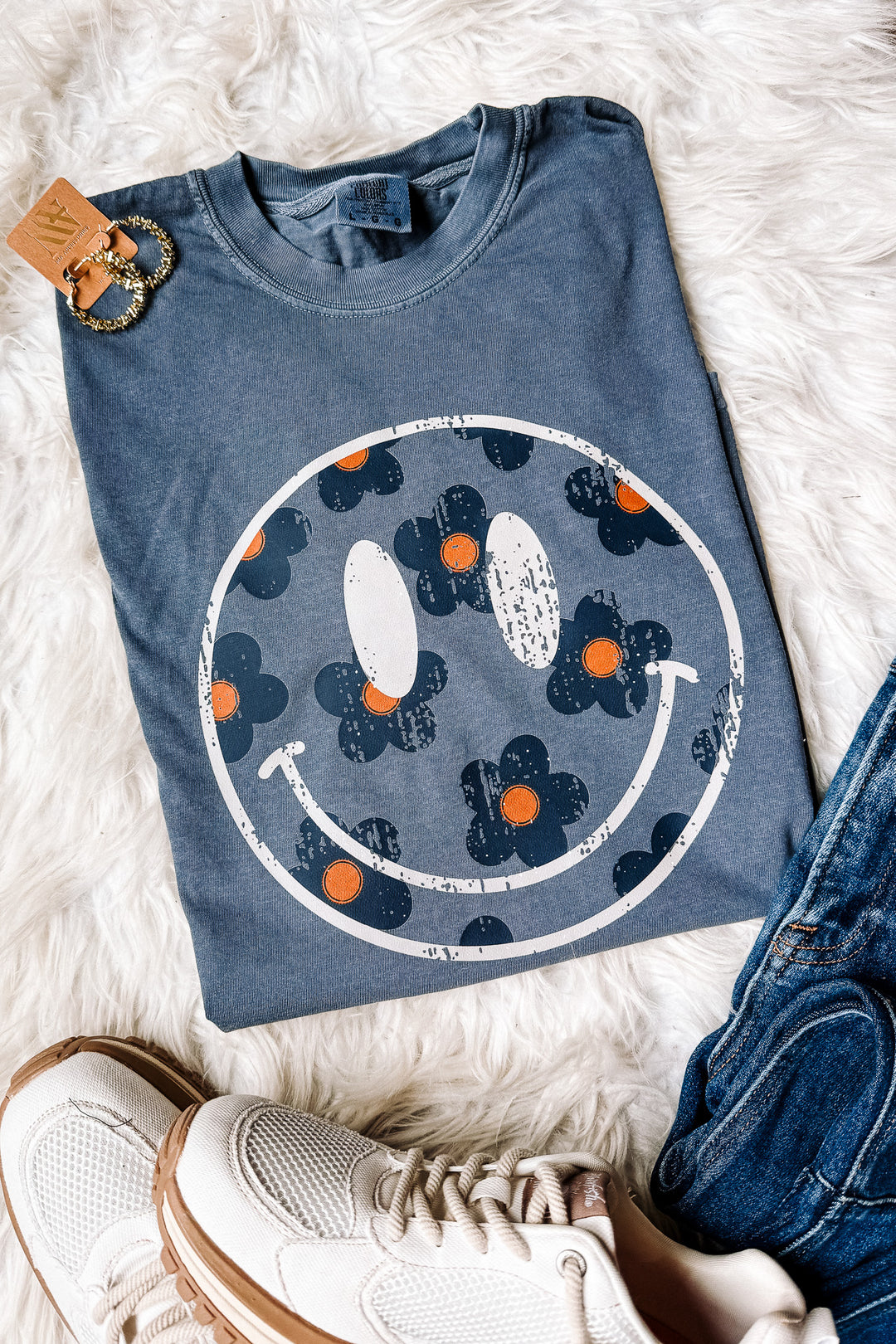 Retro Flower Happy Face Graphic Tee - Denim